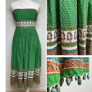 Vintage Bohemian Printed Floral Fit and Flare Strapless Cotton Dress Sequins